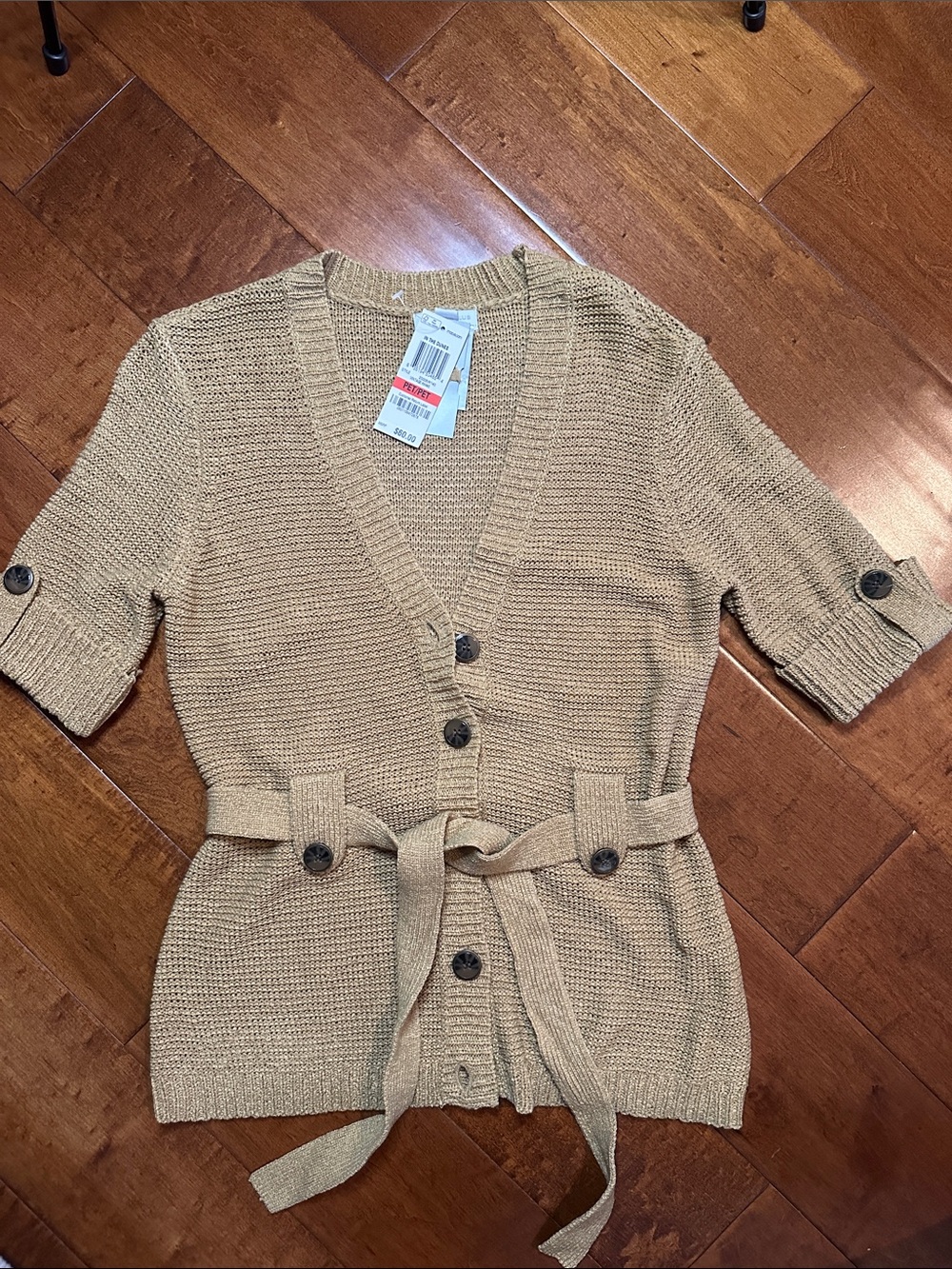 Charter Club Tan Short-Sleeve Knit Cardigan with Tie Belt